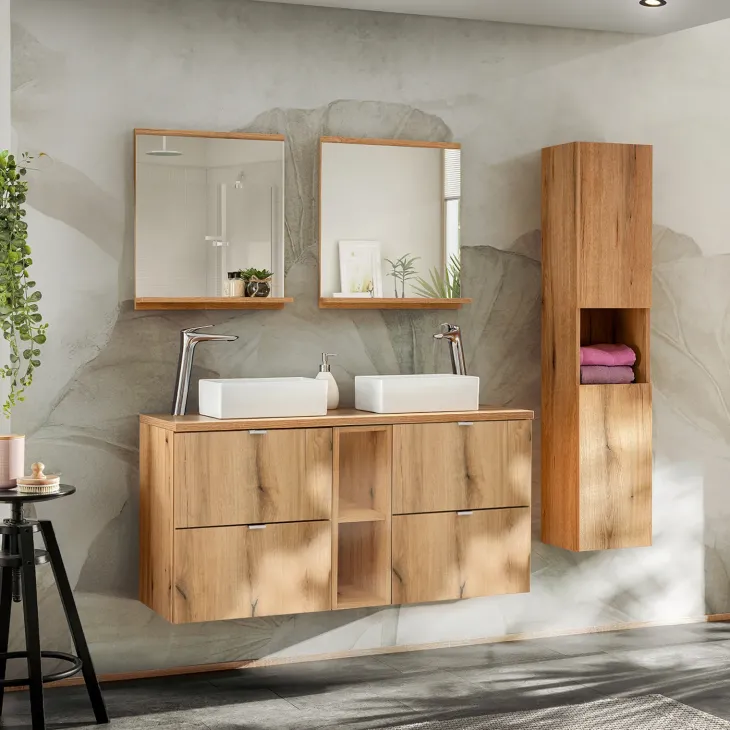 Mobile bagno sospeso 100cm con 2 lavabi, 4 cassetti e colonna rovere Rovery