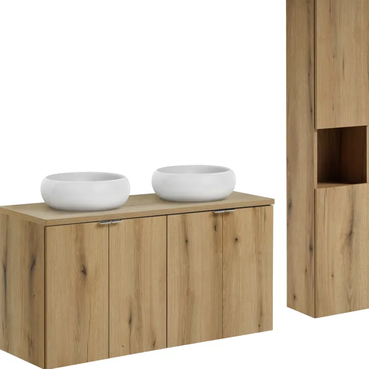 Mobile bagno sospeso 120cm con 2 lavabi e colonna rovere Rovery