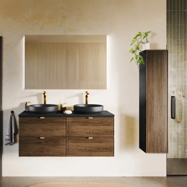 Mobile bagno sospeso 120cm con 2 lavabi, colonna e specchio noce Walnuts