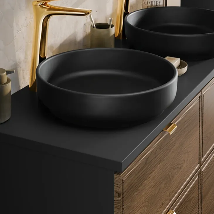 Mobile bagno sospeso 120cm con 2 lavabi, colonna e specchio noce Walnuts
