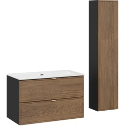 Mobile bagno sospeso 80cm con lavabo e colonna noce Walnuts
