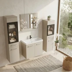 Mobile bagno sospeso 60cm con lavabo, specchio e 2 colonne vetrate beige cashmere Cubik