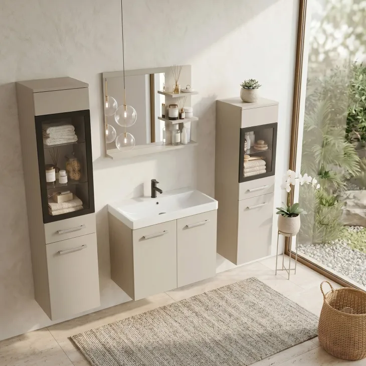 Mobile bagno sospeso 60cm con lavabo, specchio e 2 colonne vetrate beige cashmere Cubik