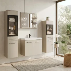 Mobile bagno sospeso 60cm con lavabo, specchio e 2 colonne vetrate beige cashmere Cubik