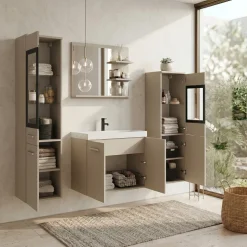 Mobile bagno sospeso 60cm con lavabo, specchio e 2 colonne vetrate beige cashmere Cubik