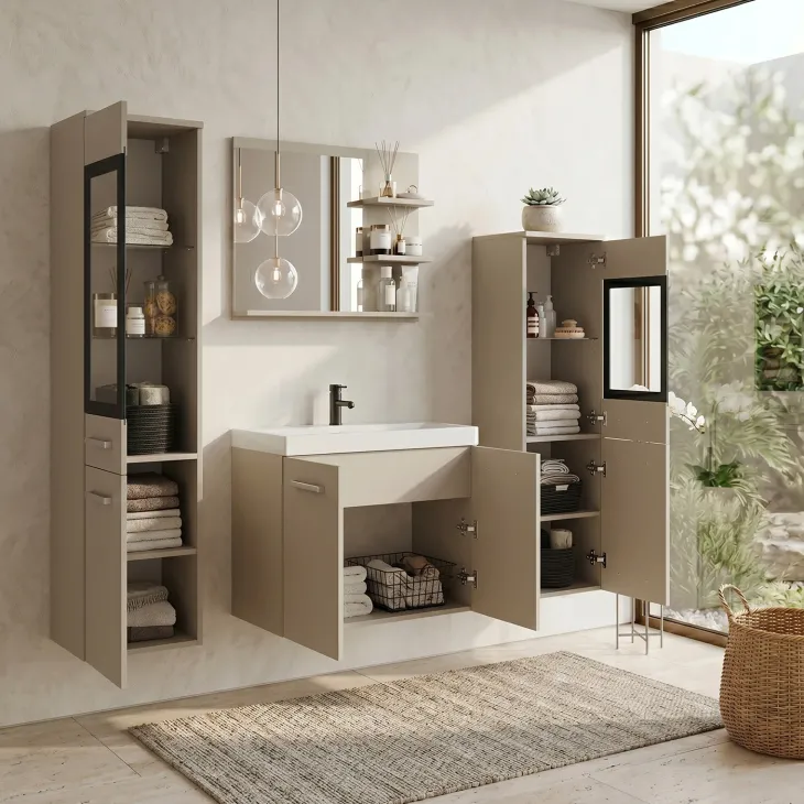 Mobile bagno sospeso 60cm con lavabo, specchio e 2 colonne vetrate beige cashmere Cubik