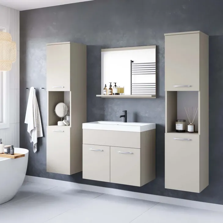 Mobile bagno sospeso 60cm con lavabo, specchio e 2 colonne beige cashmere Mila