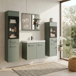 Mobile bagno sospeso 60cm con lavabo, specchio e 2 colonne vetrate verde salvia Cubik