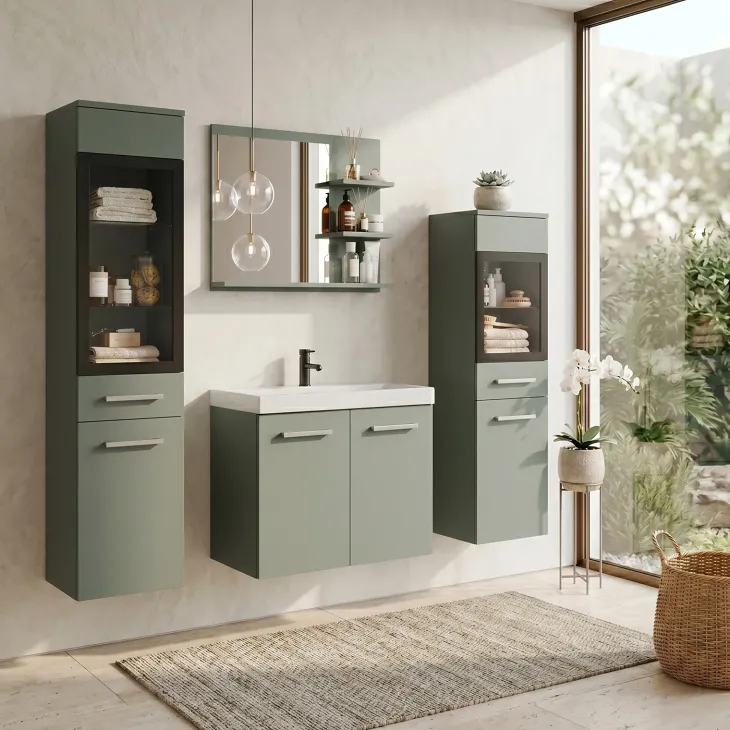Mobile bagno sospeso 60cm con lavabo, specchio e 2 colonne vetrate verde salvia Cubik