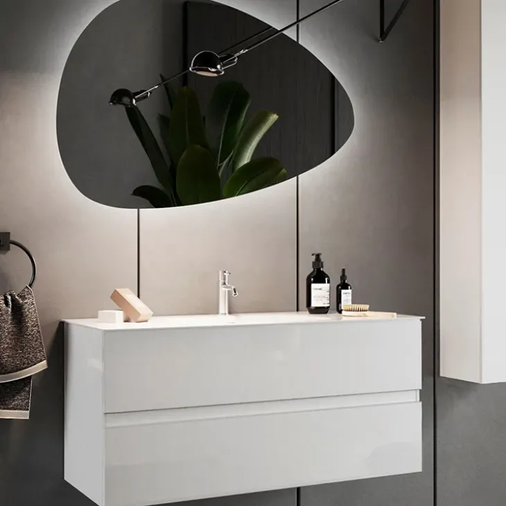 Mobile bagno sospeso 100cm con lavabo e specchio bianco lucido Moon