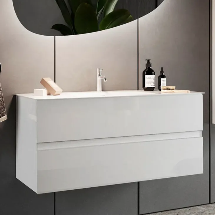 Mobile bagno sospeso 60cm con lavabo 2 cassetti bianco lucido Moon