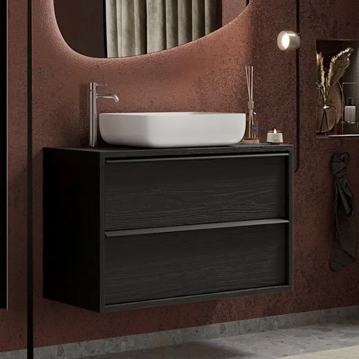 Mobile bagno sospeso 92cm con lavabo e specchio nero frassinato Absolut