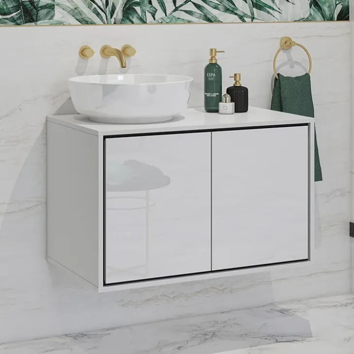 Mobile bagno sospeso 78cm con specchio e colonna bianco lucido nero Linda