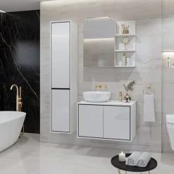 Mobile bagno sospeso 78cm con specchio e colonna bianco lucido nero Linda