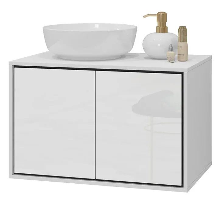 Mobile bagno sospeso 78cm con specchio e colonna bianco lucido nero Linda