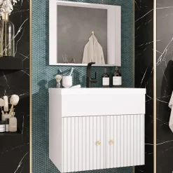 Mobile bagno sospeso 60cm con specchio serigrafato bianco Ischia 5