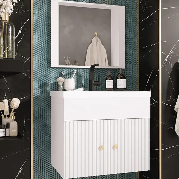 Mobile bagno sospeso 60cm con specchio serigrafato bianco Ischia 5