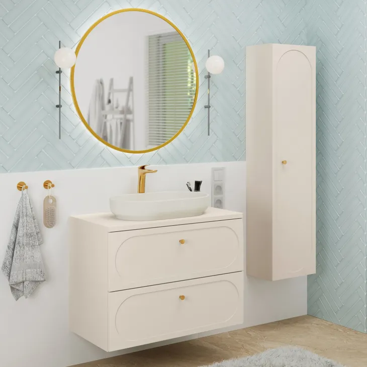 Mobile bagno sospeso fresato 80cm con colonna beige Sand