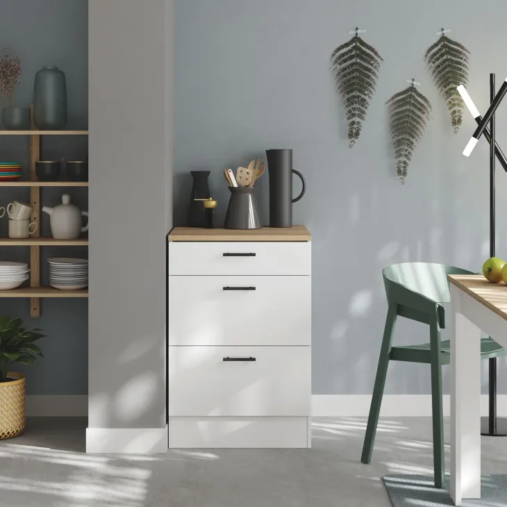 Mobile base multiuso 60x90h cm componibile 3 cassetti bianco lucido rovere Kimera