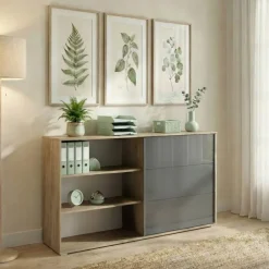 Mobile basso ufficio 159x106h cm anta scorrevole rovere antracite lucido Time W