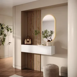 Mobile ingresso sospeso consolle 138x240h cm pannello cannettato bianco lucido rovere chiaro Sunset Decor 1008