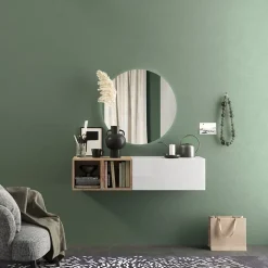 Mobile ingresso sospeso 125x29h cm 1 anta 2 cubotti bianco lucido rovere chiaro Sunset 56