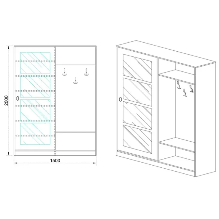 Mobile ingresso 150x200h cm anta scorrevole e specchio rovere naturale Sajama