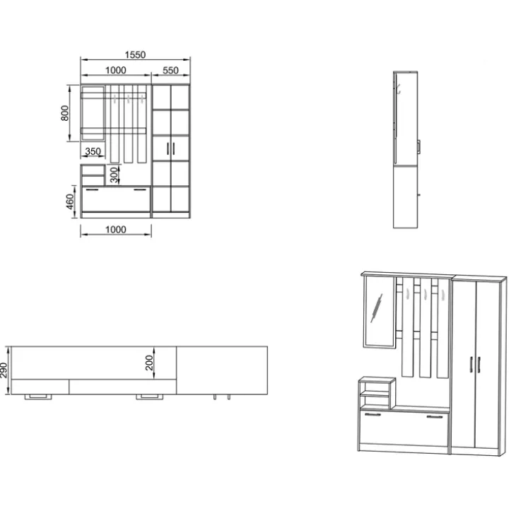 Mobile ingresso 155x190h cm appendiabiti scarpiera con specchio bianco frassinato Atlanta