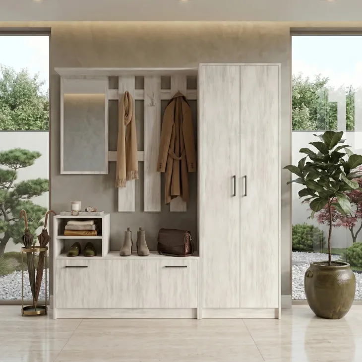 Mobile ingresso 155x190h cm appendiabiti scarpiera con specchio bianco frassinato Atlanta