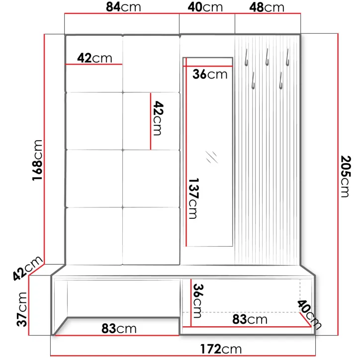 Mobile ingresso 172x205h cm con scarpiera e specchio rovere rustico bianco Welly 3