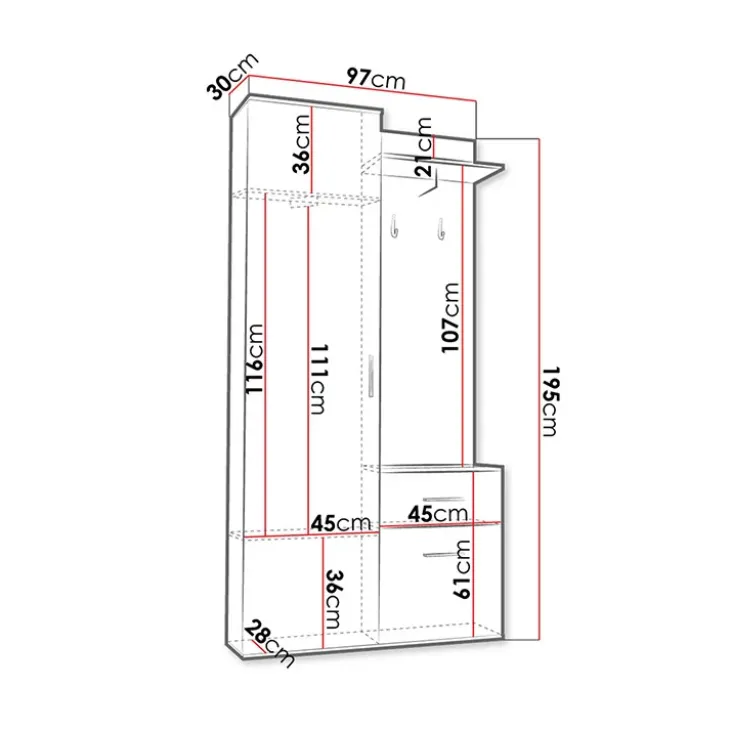 Mobile ingresso 97x195h cm con specchio 1 cassetto 2 ante rovere nero Assen