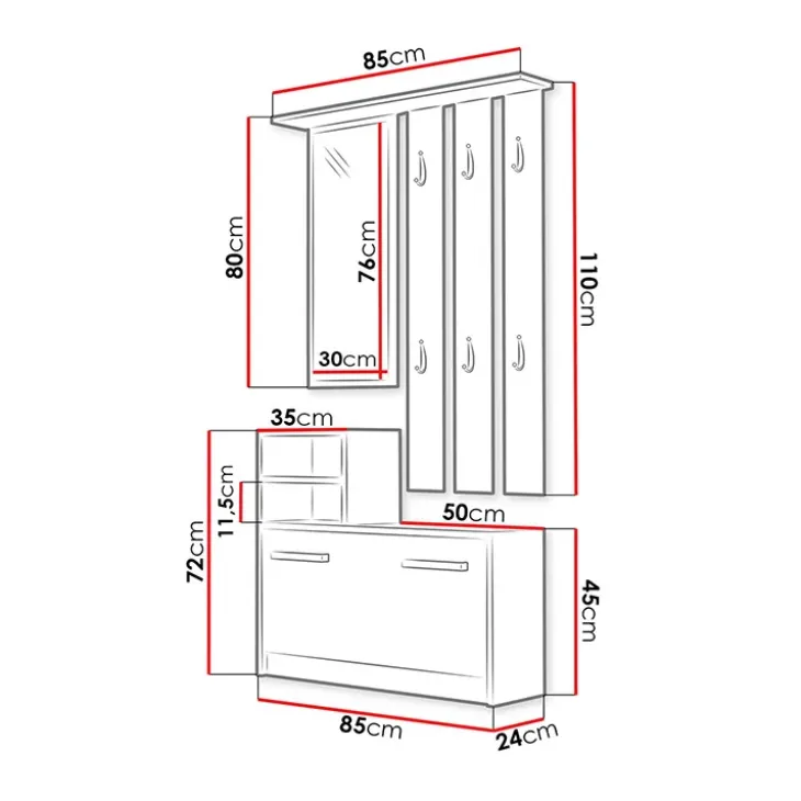Mobile ingresso 85x180h cm con specchio scarpiera nero Bergen