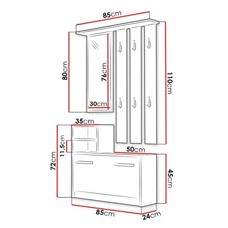 Mobile ingresso 85x180h cm con specchio scarpiera bianco Bergen