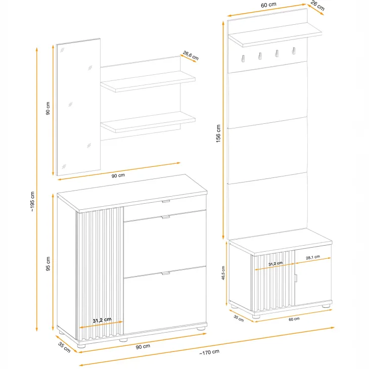 Mobile ingresso 170x195h cm con specchio ed appendiabiti cannettatto rovere nero Berlino