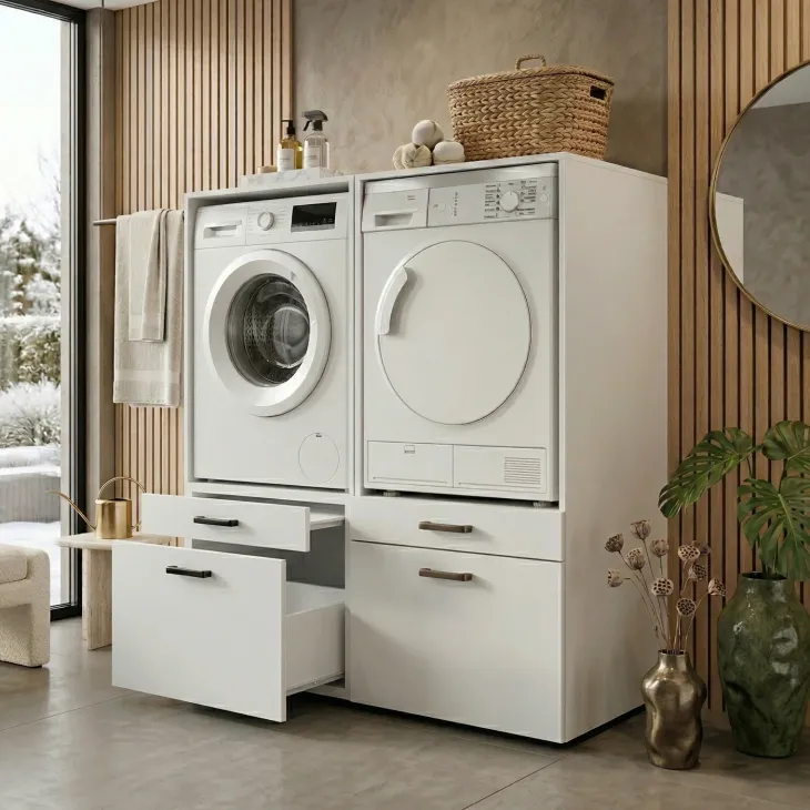 Mobile lavatrice e asciugatrice 134x144h cm con cassettoni bianco Water