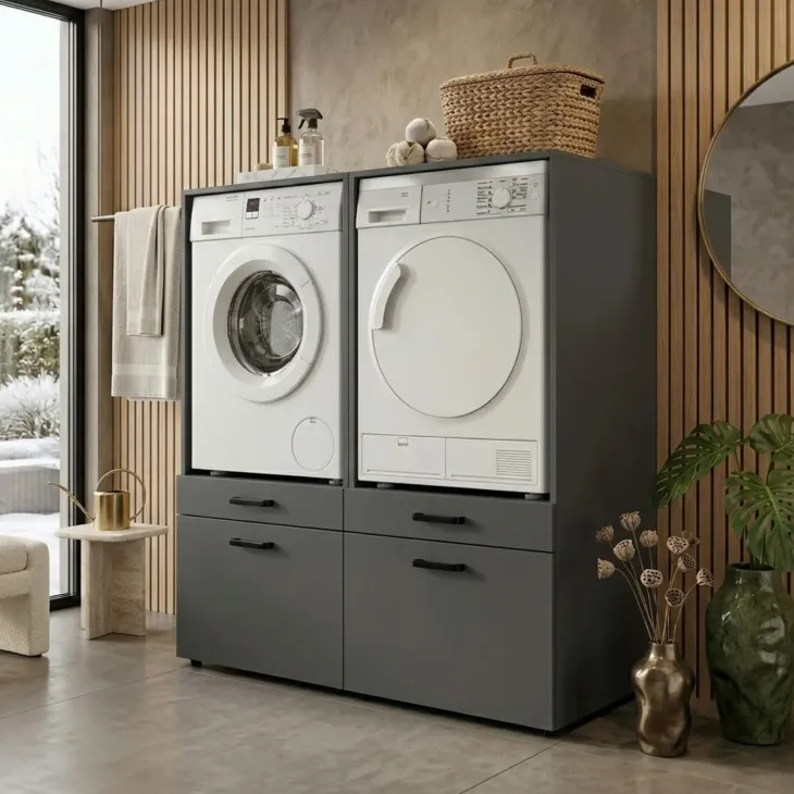 Mobile lavatrice e asciugatrice 134x144h cm con cassettoni antracite Water