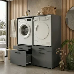 Mobile lavatrice e asciugatrice 134x144h cm con cassettoni antracite Water
