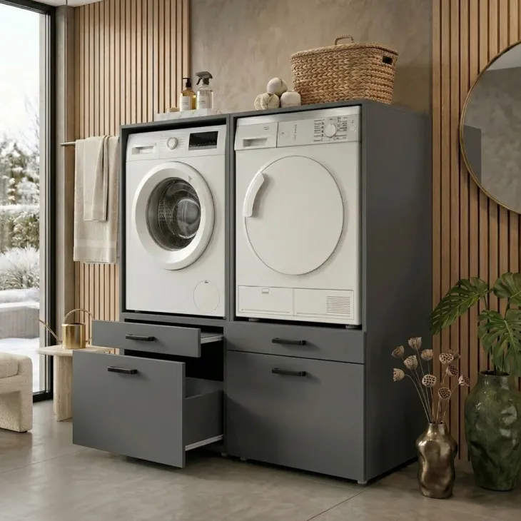 Mobile lavatrice e asciugatrice 134x144h cm con cassettoni antracite Water