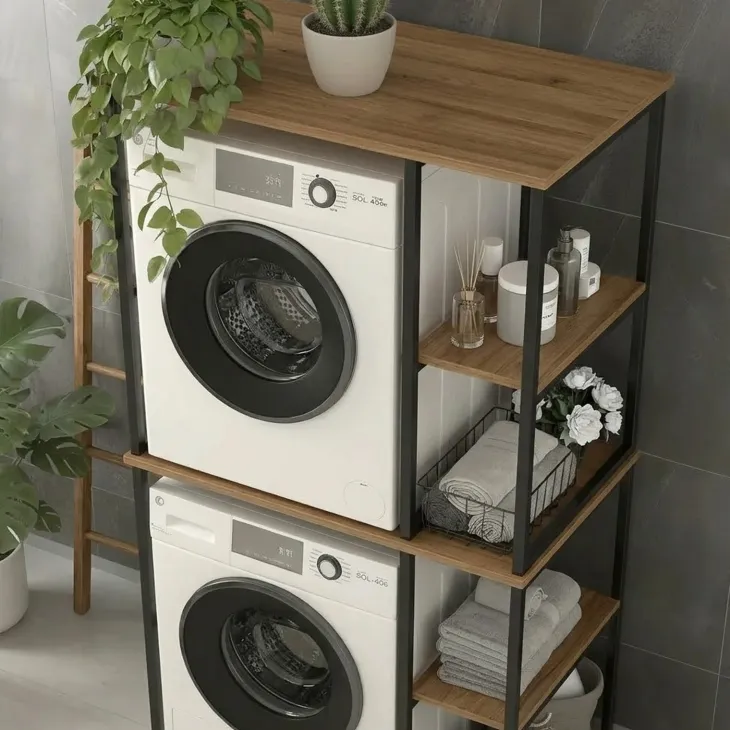 Mobile lavatrice e asciugatrice 90x188h cm 4 vani a vista industrial metallo rovere rustico Loft