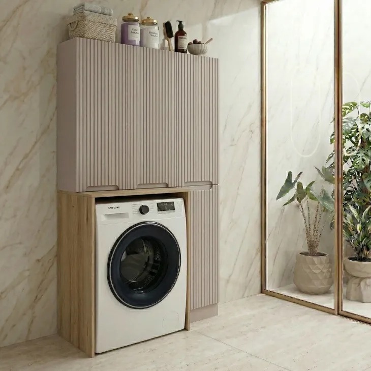 Mobile lavatrice lavanderia 105x180h cm con portabiancheria cannettato beige Cleany