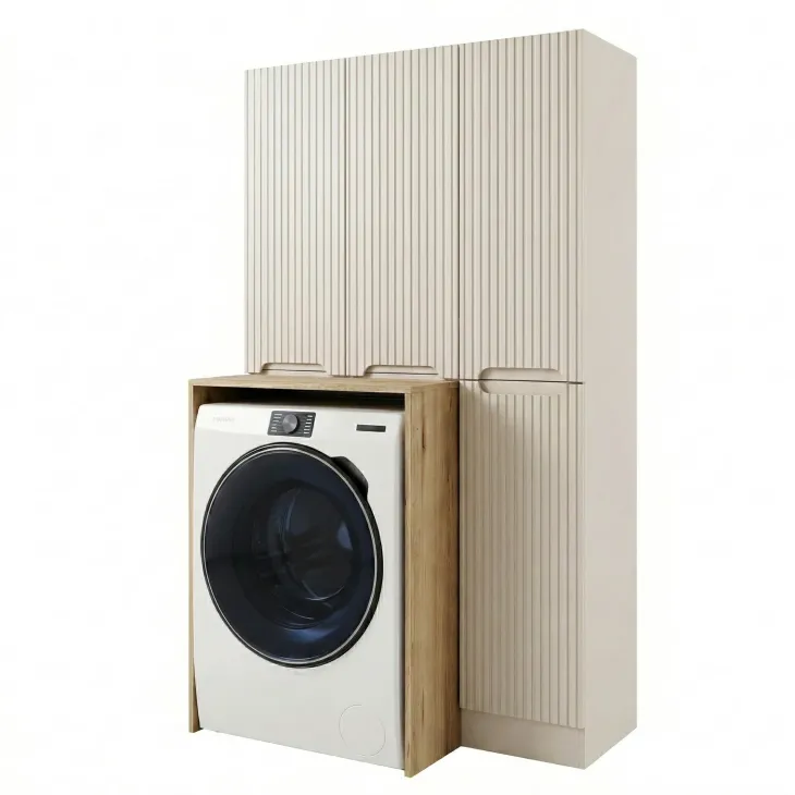 Mobile lavatrice lavanderia 105x180h cm con portabiancheria cannettato beige Cleany