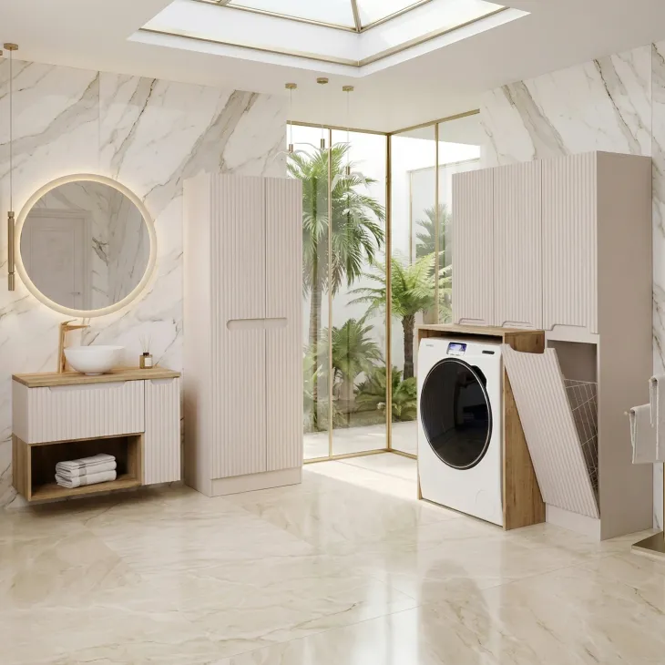 Mobile lavatrice lavanderia 105x180h cm con portabiancheria cannettato beige Cleany