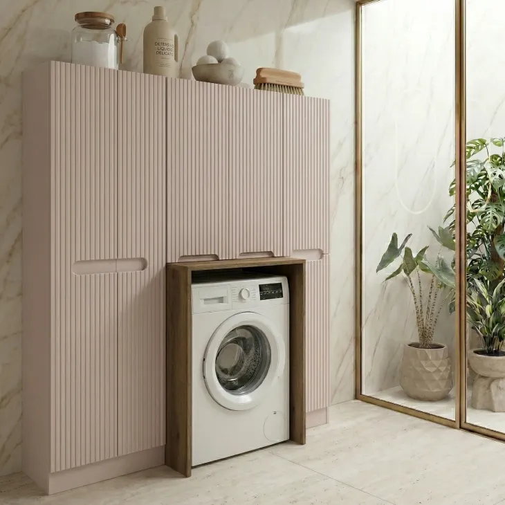 Mobile lavatrice lavanderia 165x180h cm con portabiancheria cannettato beige Cleany