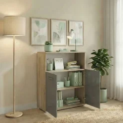 Mobile multiuso con ripiano ufficio 80x106h cm 2 ante rovere antracite lucido Time C