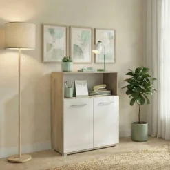 Mobile multiuso con ripiano ufficio 80x106h cm 2 ante rovere bianco lucido Time C