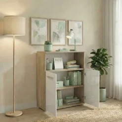 Mobile multiuso con ripiano ufficio 80x106h cm 2 ante rovere bianco lucido Time C