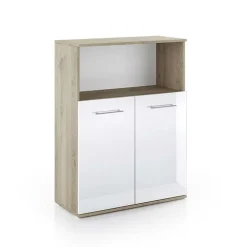 Mobile multiuso con ripiano ufficio 80x106h cm 2 ante rovere bianco lucido Time C