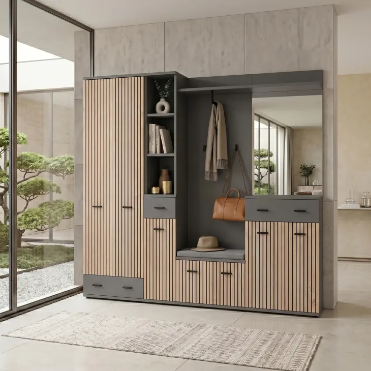 Mobile multiuso ingresso 60x96h cm stampa a righe rovere rustico antracite California Gihome®