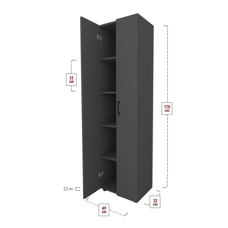 Mobile multiuso 49x178h cm moderno ufficio 2 ante 5 ripiani antracite Arkiva