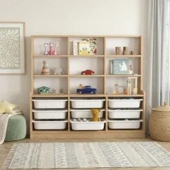 Mobile portagiochi 133x115h cm 9 scaffali e cassettiera rovere Fast Concordia